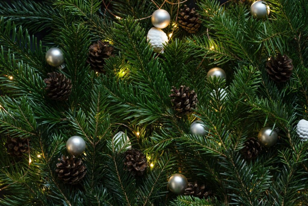 Decorated Christmas tree with pinecones and silver ornaments