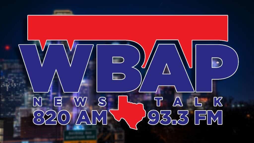 WBAP News Talk radio station logo over city skyline