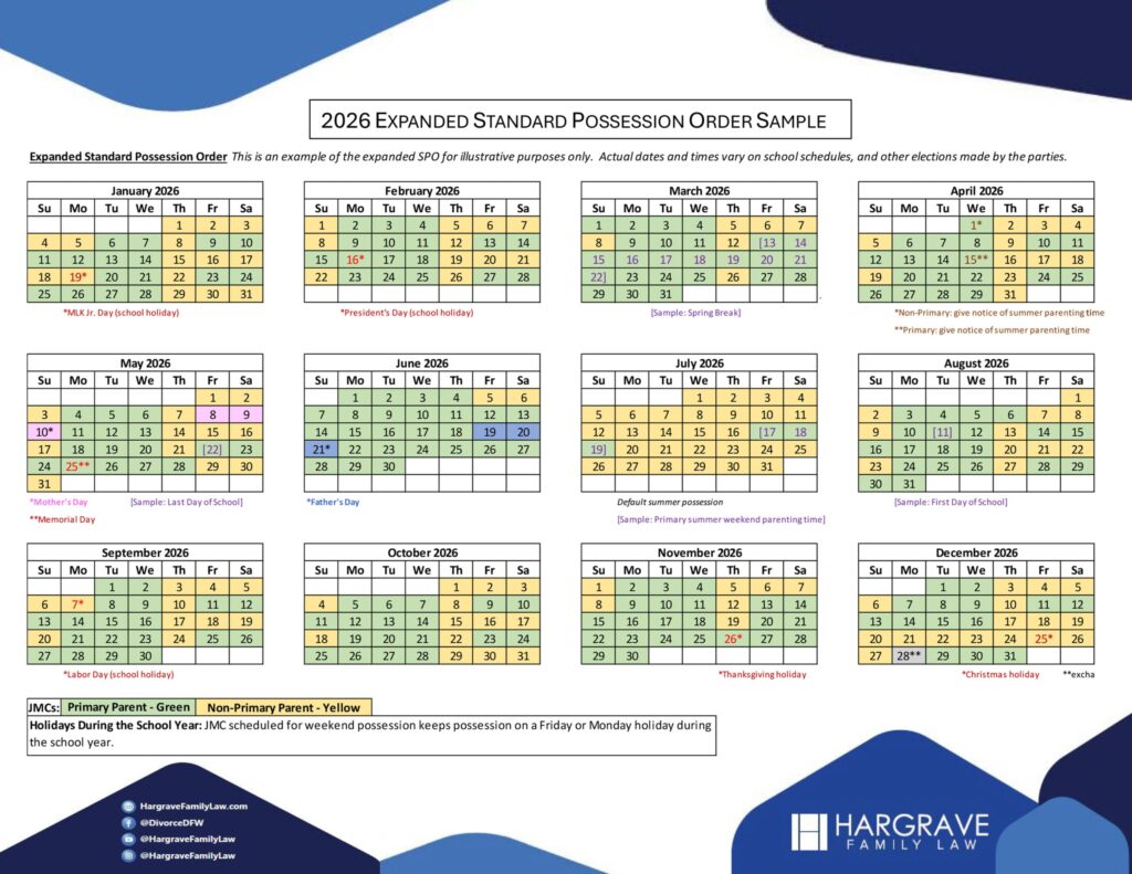2026 Expanded Standard Possession Order color-coded calendar