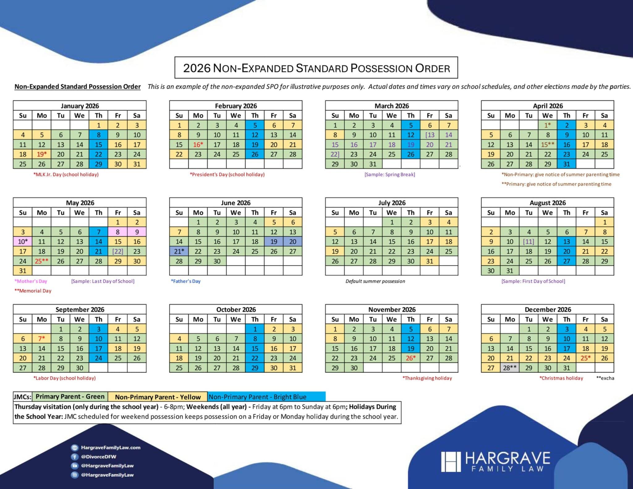 2026 custody calendar with color-coded possession schedule