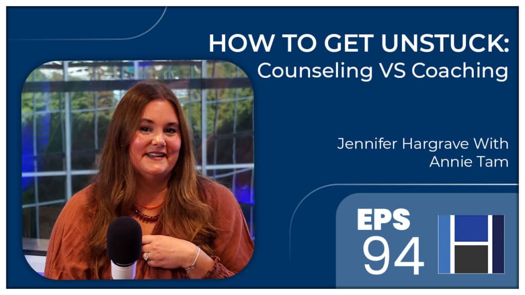 Podcast episode graphic featuring woman speaking into microphone