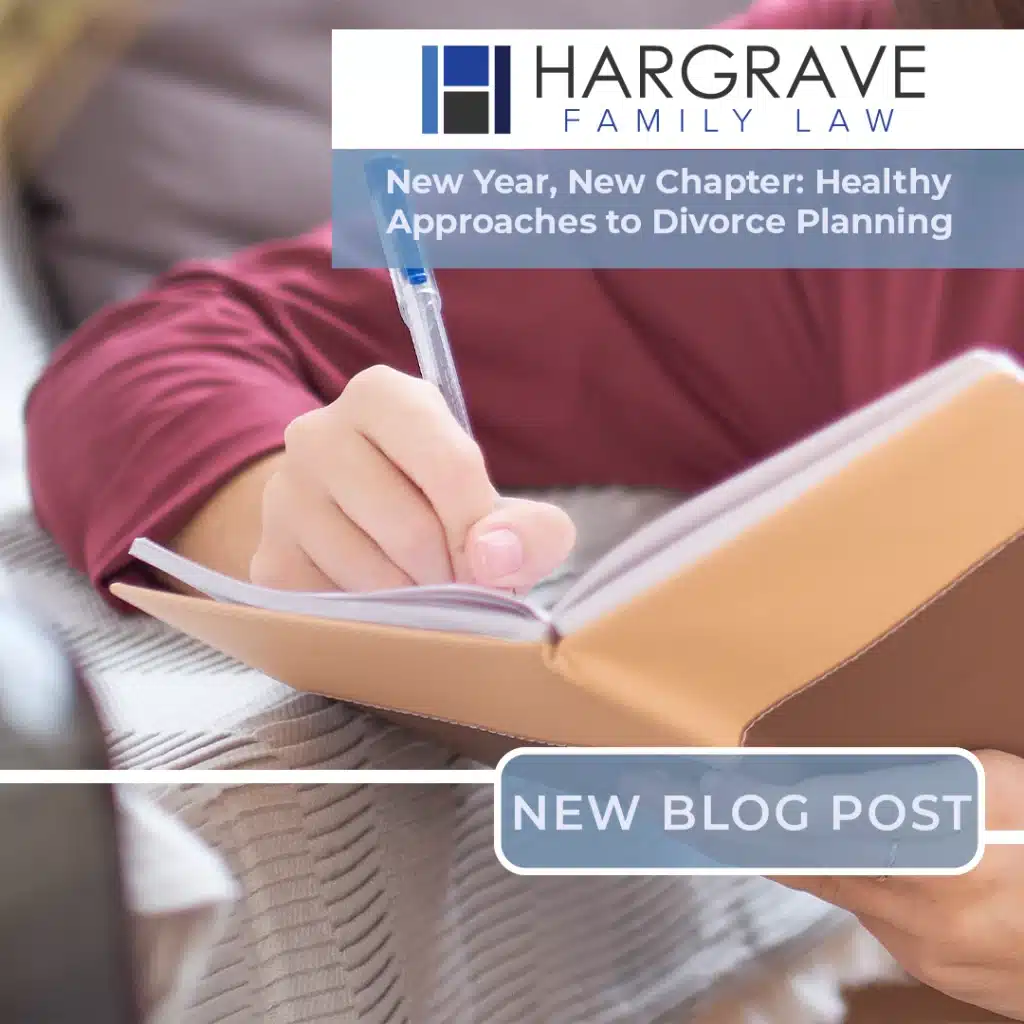 Person writing in notebook with divorce planning blog overlay