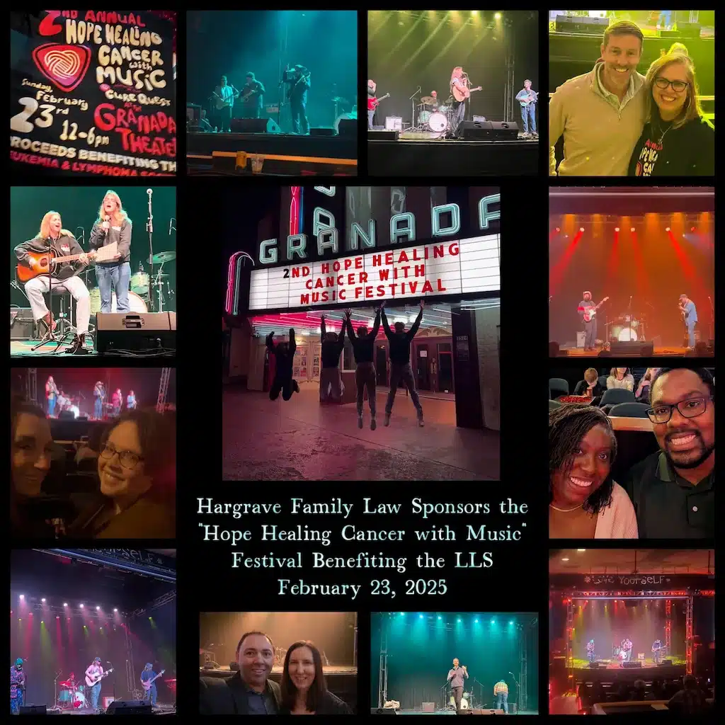 Collage of cancer benefit music festival performances and attendees
