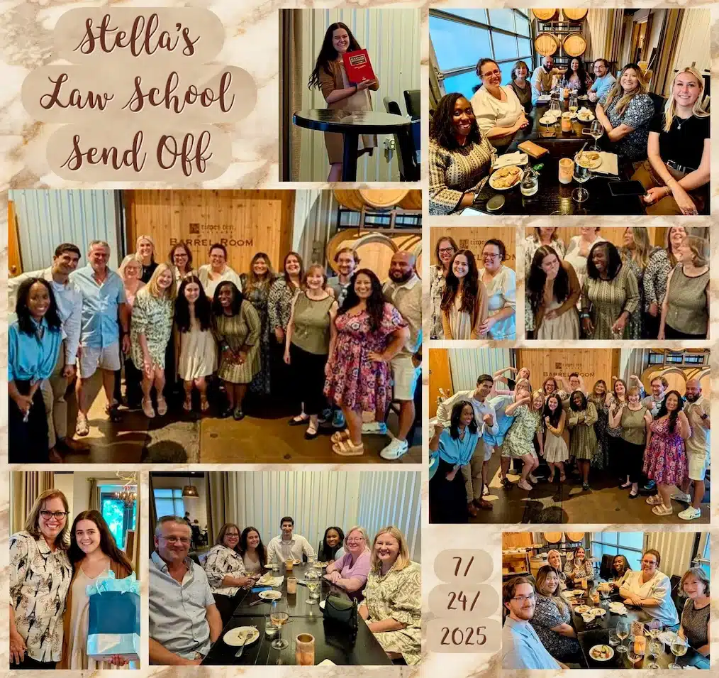 Friends celebrating law school send-off at restaurant