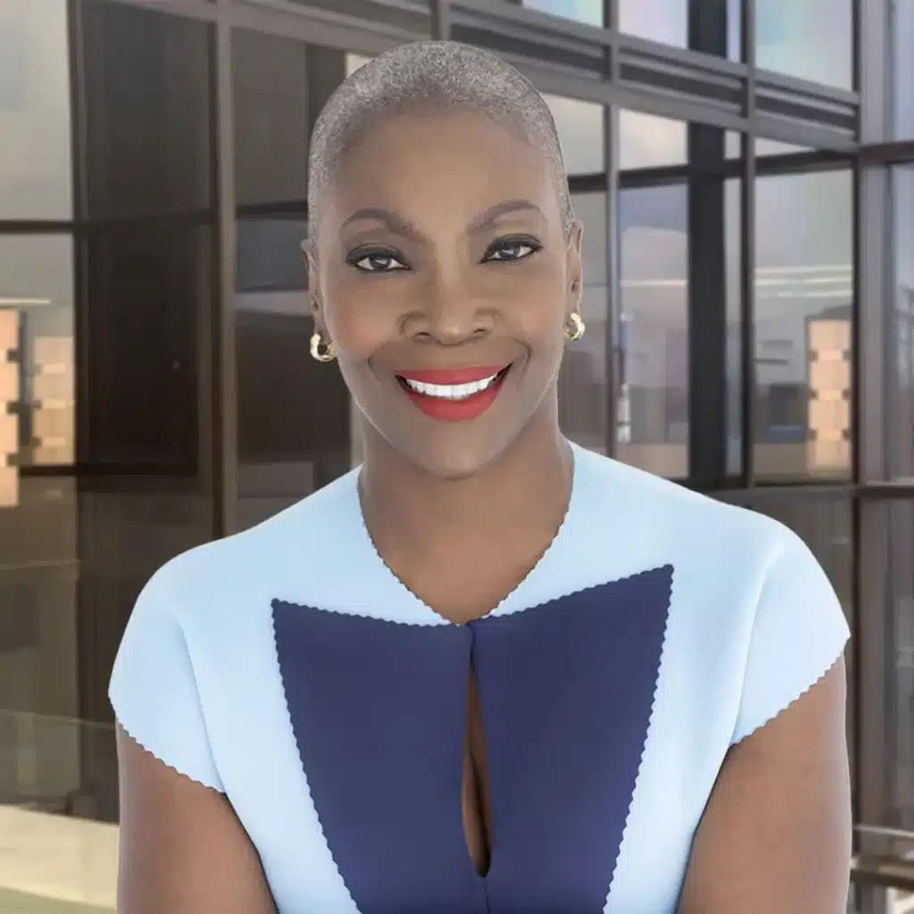 Smiling woman with short gray hair indoors