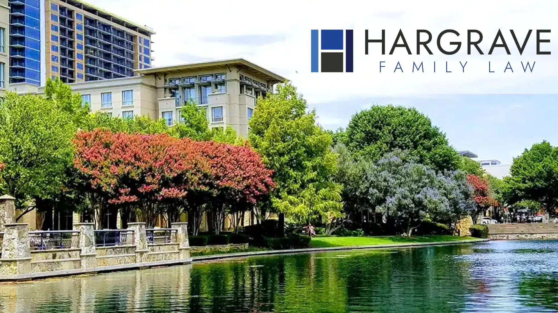 Urban waterfront park with trees and reflections in plano