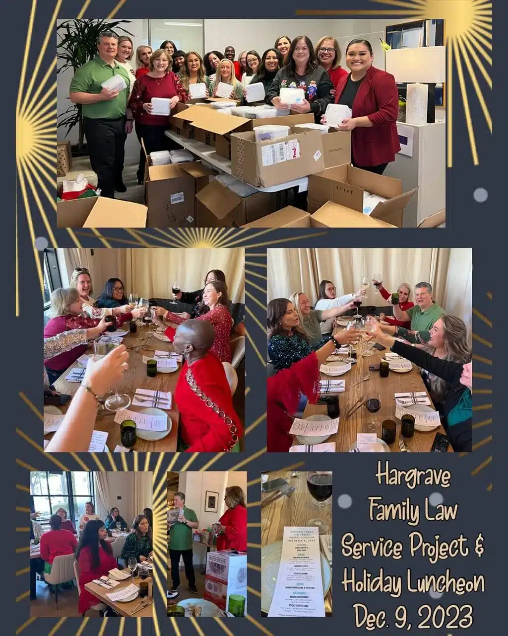 Team packing boxes and celebrating at holiday luncheon