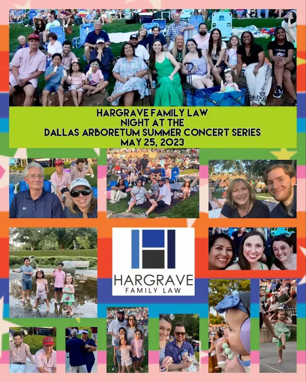 Families at outdoor summer concert event collage