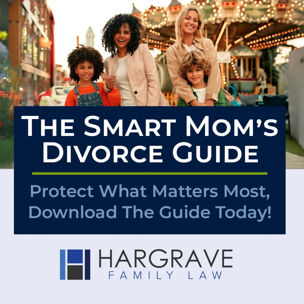 Mothers and children at amusement park with divorce guide ad