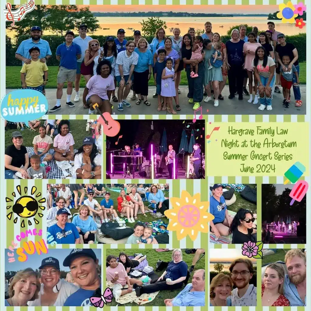 Families at summer concert by lakeside at sunset