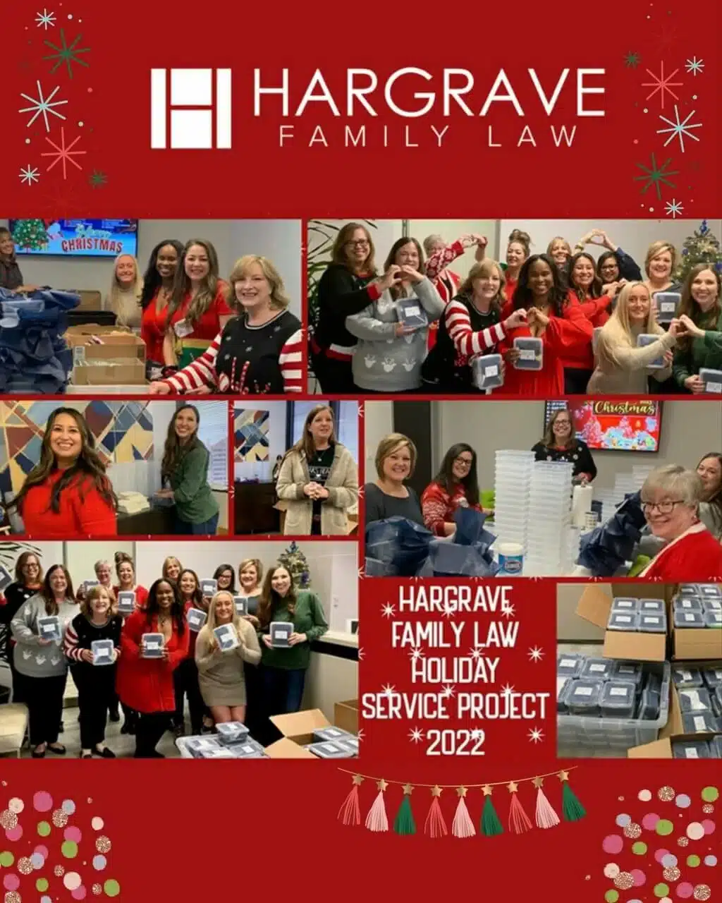 Law firm team assembling holiday care packages