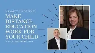 Distance education webinar promotional graphic with speakers