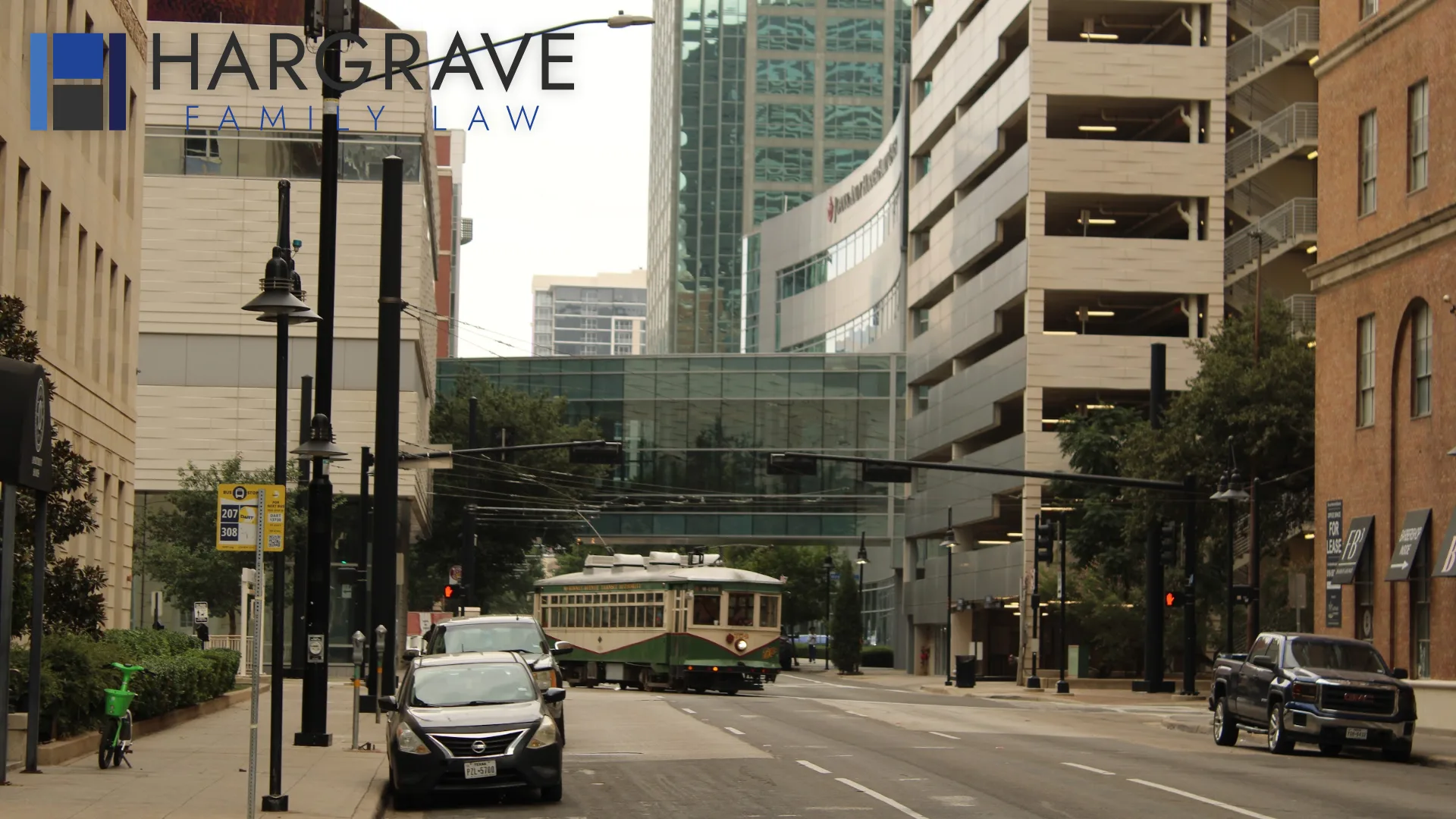 A vintage streetcar on a downtown Dallas street, where unmarried couples living together set up cohabitation agreements.